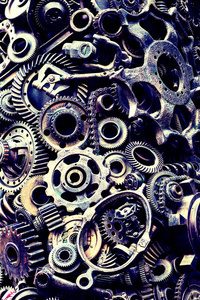 機(jī)械零件齒輪、蒸汽朋克齒輪、車(chē)輪、汽車(chē)零件堆、舊生銹的鐵鏈、彈簧、車(chē)輪關(guān)閉